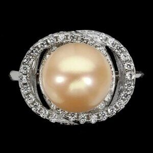 Natural Round Creamy Pearl 10mm & Cz 925 Sterling Silver Ring Sz‎ 7.75